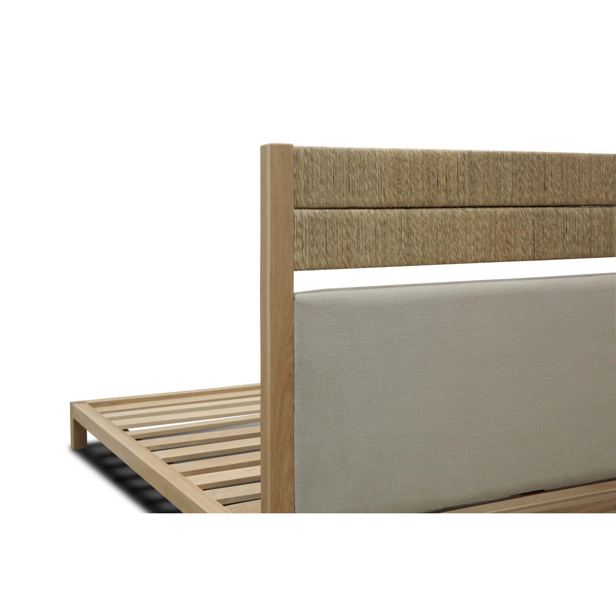 Natural Upholstered Platform Bed with Woven Rope Dual-Panel Headboard