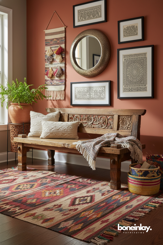 Rustic hand-carved wooden bench styled against a terracotta accent wall with bohemian decor.