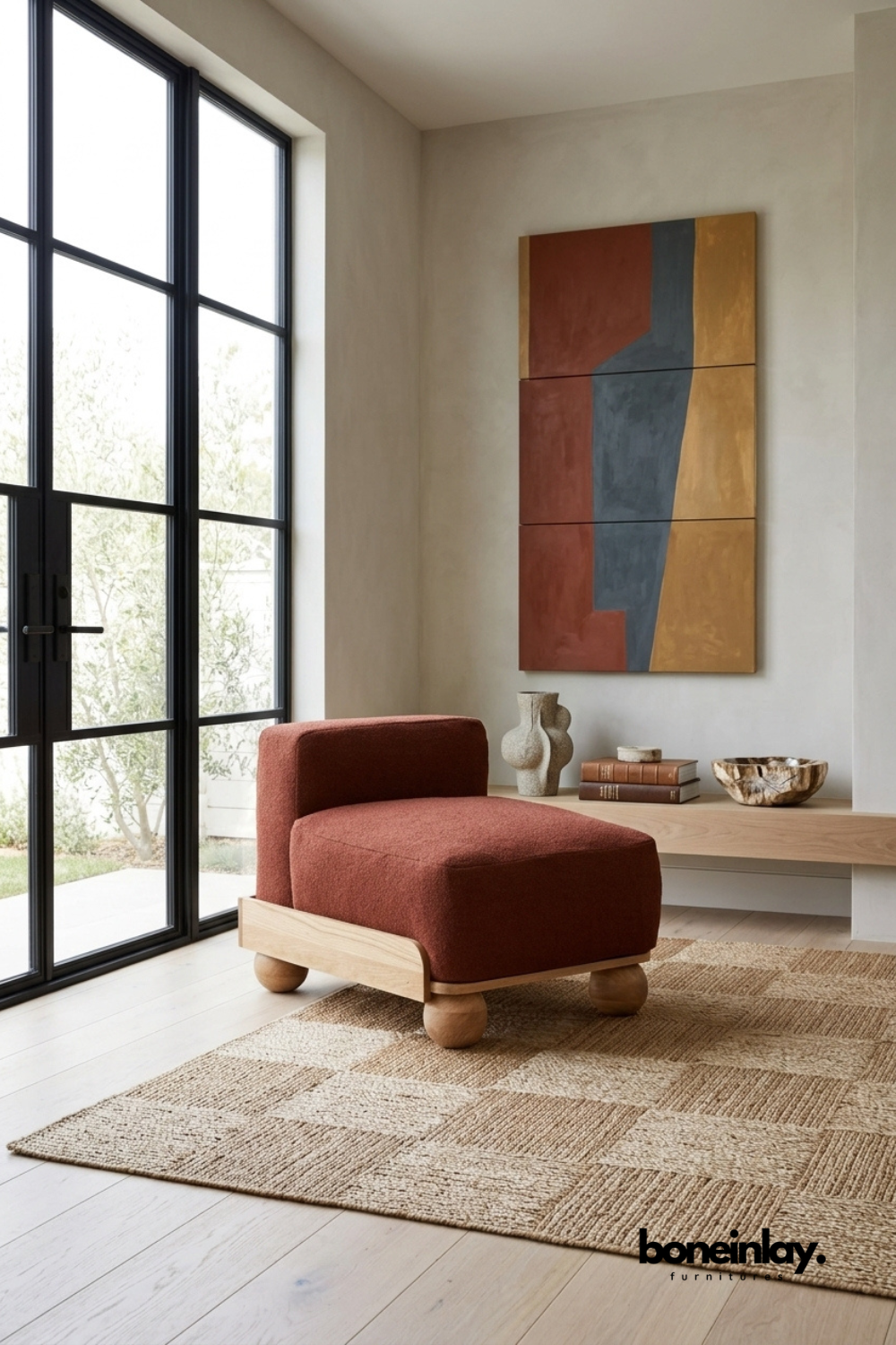 Modern armless accent chair with rust red upholstered seat, sculptural wooden base and contemporary minimalist design for living room interiors.