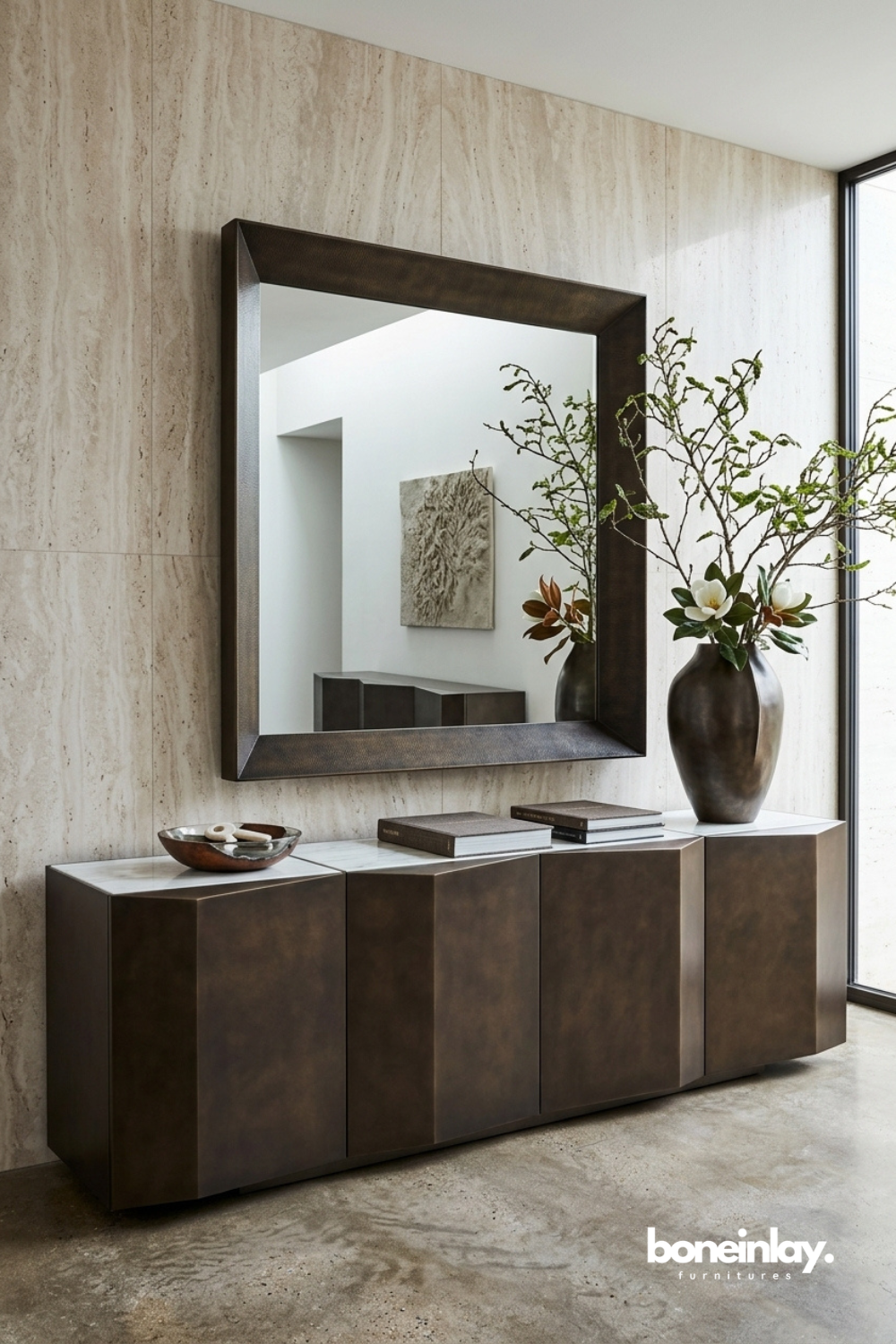 Modern bronze finish four door sideboard cabinet with clean contemporary panel design