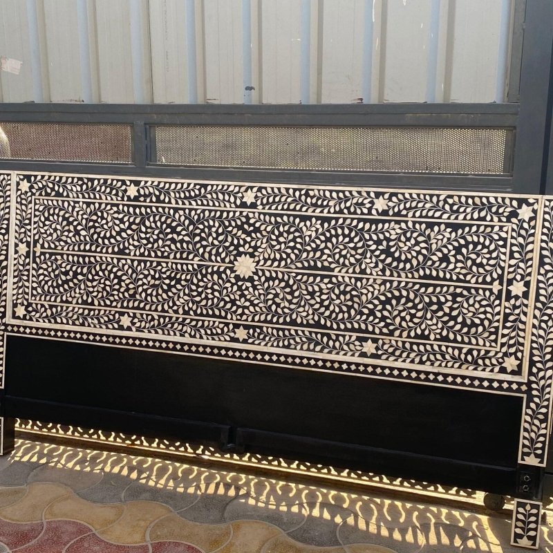 Bespoke bone inlay floral headboard handcrafted with white ivory inlay on black wood, elegant bedroom statement piece