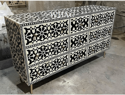 Black bone inlay nine-drawer dresser with a light geometric pattern, shown as a complete storage chest with drawer fronts.