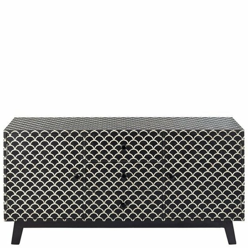 Black bone inlay fish scale sideboard with white scallop pattern, 3 central drawers flanked by 2 cabinet doors, tapered black legs, white background.