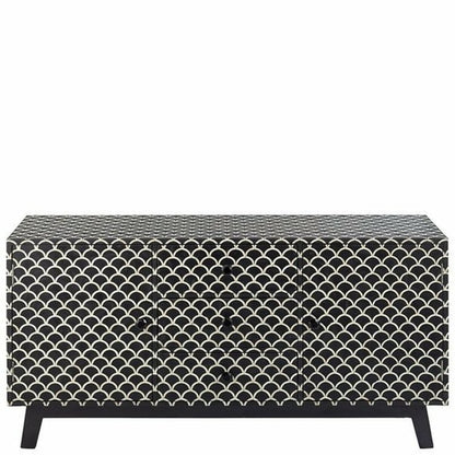Black bone inlay fish scale sideboard with white scallop pattern, 3 central drawers flanked by 2 cabinet doors, tapered black legs, white background.