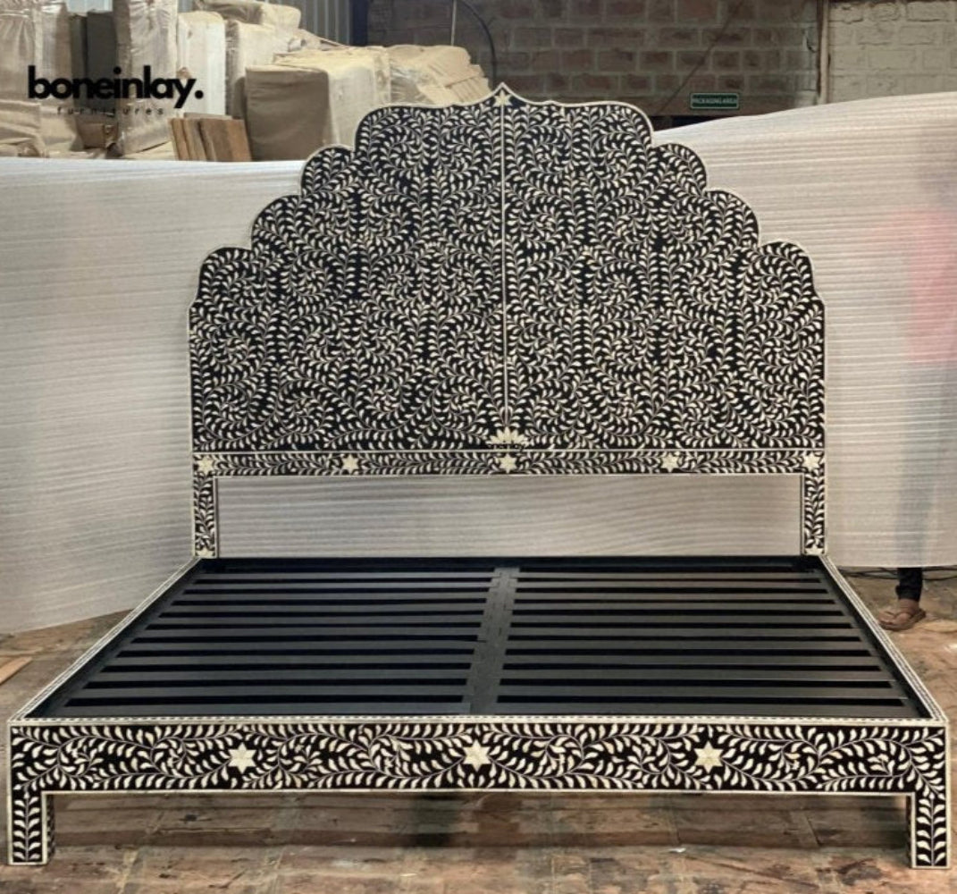 Black Bone Inlay Bed with Scalloped Headboard and Floral Vine Pattern, Handcrafted in India – Bone Inlay Furnitures