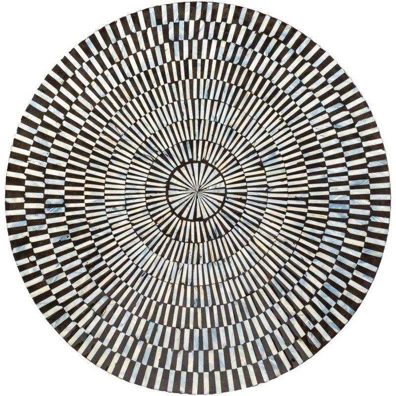 Black and white bone inlay round center table showing full concentric radiating sunburst stripe pattern across circular tabletop, handcrafted Indian artisan furniture centerpiece
