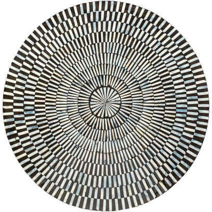 Black and white bone inlay round center table showing full concentric radiating sunburst stripe pattern across circular tabletop, handcrafted Indian artisan furniture centerpiece