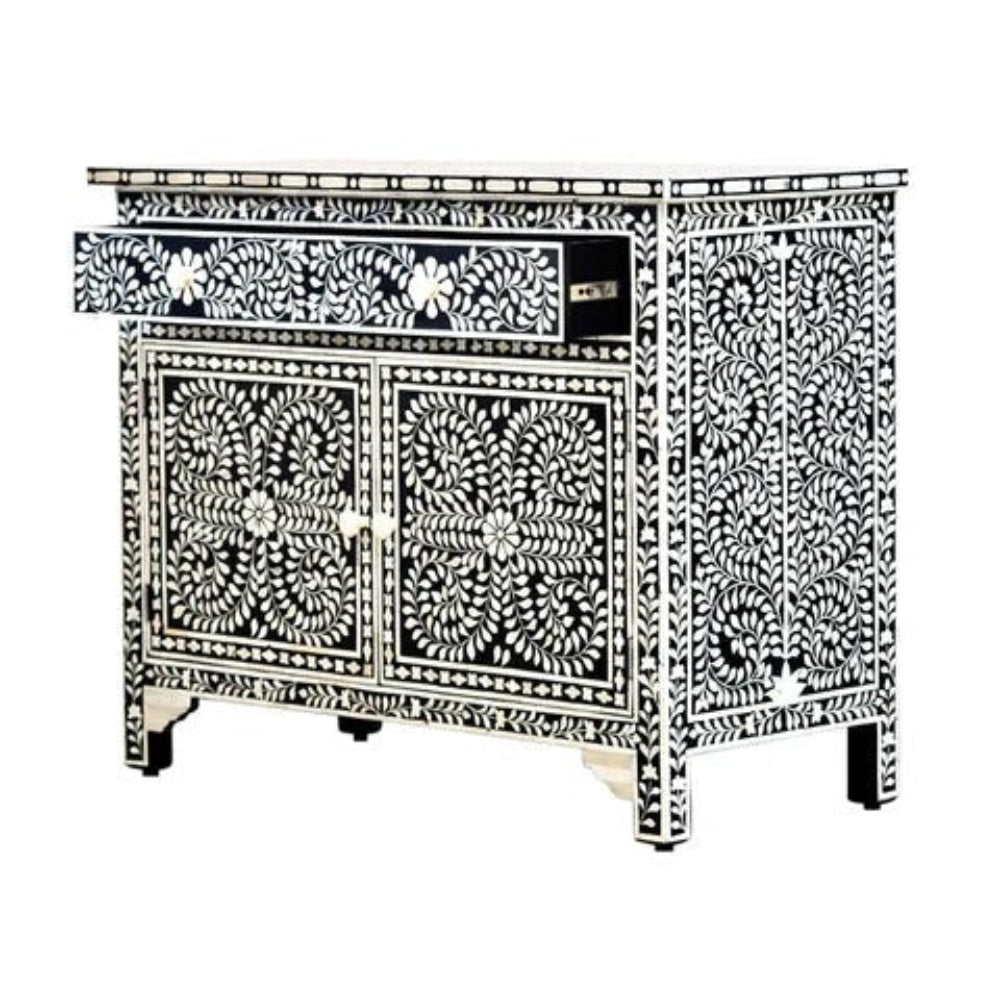 Black bone inlay spiral storage sideboard with open drawer detail, intricate white inlay pattern, handmade Indian cabinet