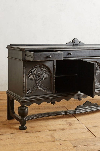 Black Carved Storage Sideboard in wood, open drawer view with a round knob, owl-carved door, and exposed cabinet shelf.