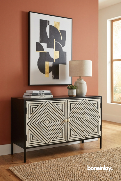 Modern geometric bone inlay cabinet featuring striking black and ivory diamond pattern with sleek metal frame.