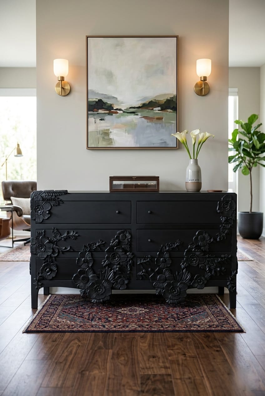 Handcarved Black Enchantment Six Drawers Dresser Drawer Dresser - Bone Inlay Furnitures