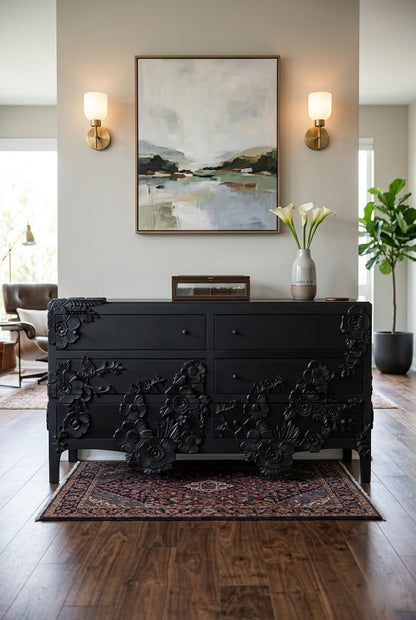 Handcarved Black Enchantment Six Drawers Dresser Drawer Dresser - Bone Inlay Furnitures