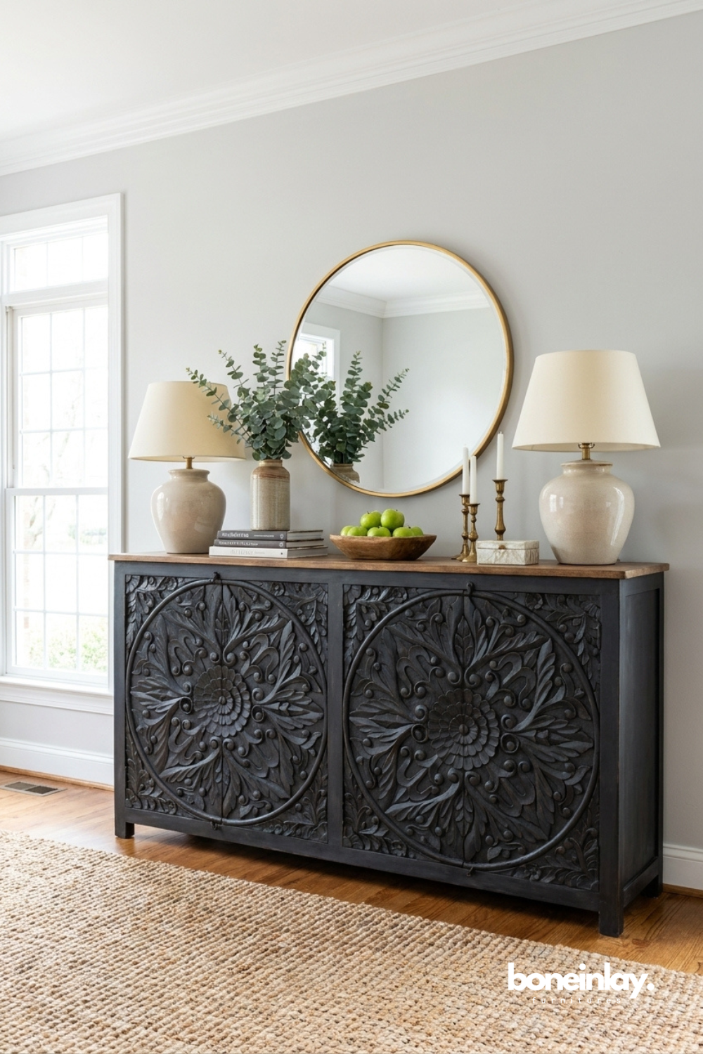 Statement carved wood buffet cabinet featuring bold floral medallions, deep charcoal finish, and elegant handcrafted appeal.