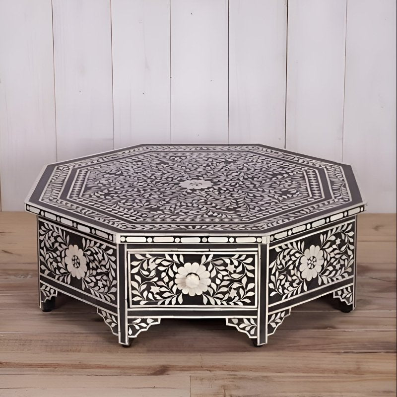 Black and white handcrafted floral bone inlay octagonal center table with storage drawers, traditional Indian artisan woodwork on mango wood