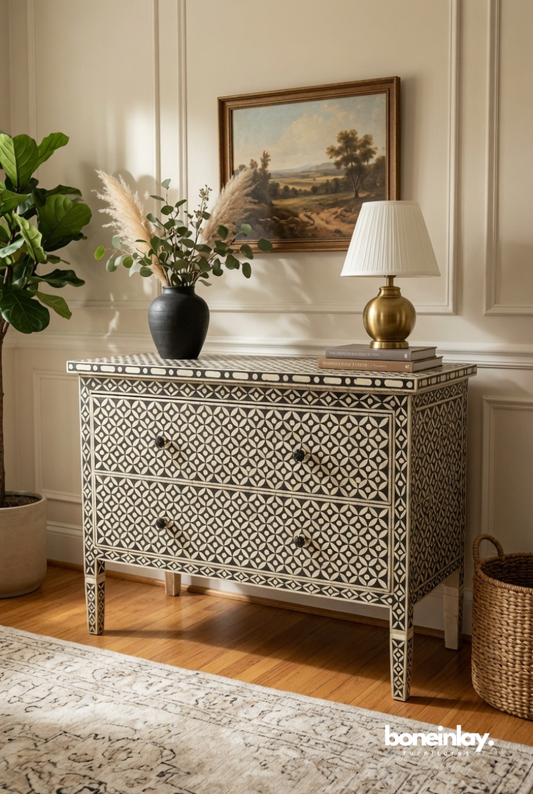 Black geometric bone inlay 2-drawer dresser with interlocking star and circle pattern, solid wood chest of drawers for bedroom or hallway