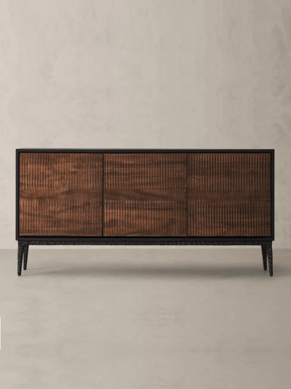 Three-door solid wood sideboard with black metal frame and warm brown cabinet finish.