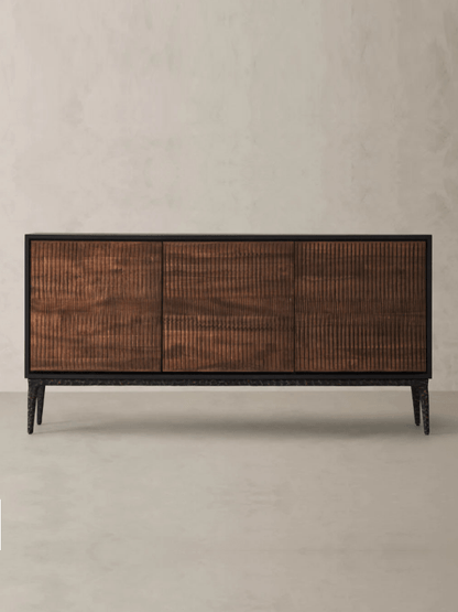 Three-door solid wood sideboard with black metal frame and warm brown cabinet finish.