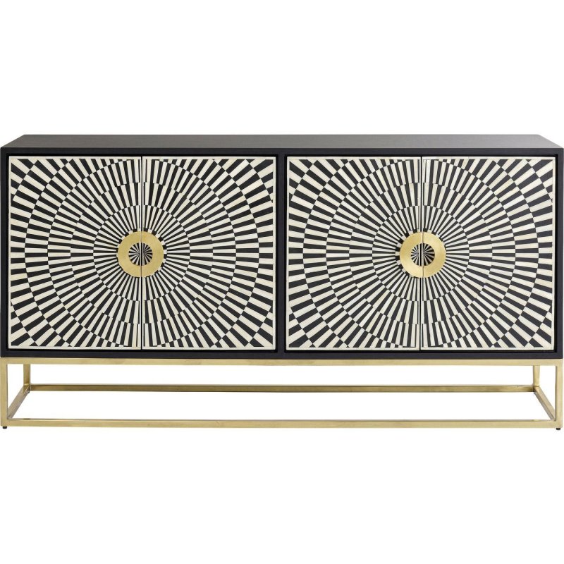 Angled view of black starburst bone inlay buffet cabinet showing radiating ivory and black pattern across four-door facade with gold metal base