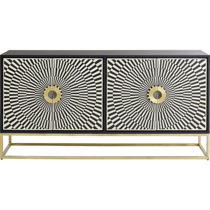 Angled view of black starburst bone inlay buffet cabinet showing radiating ivory and black pattern across four-door facade with gold metal base