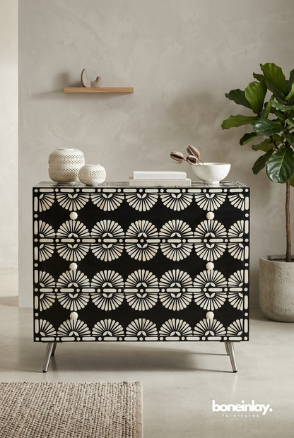 Black and White Geometric Bone Inlay Three Drawers Dresser with Modern Metal Legs