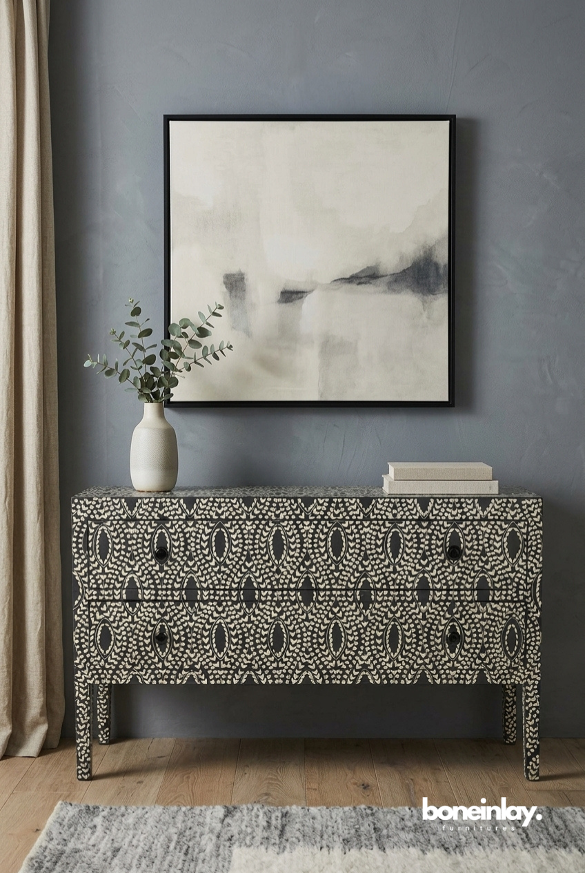 Black Tribal Pattern Bone Inlay Two Drawer Console Chest for Contemporary Interiors
