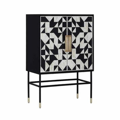 Angled view of black and white bone inlay 2-door bar cabinet with geometric triangle pattern, sleek black iron frame, gold-tipped legs, and antique brass center handle