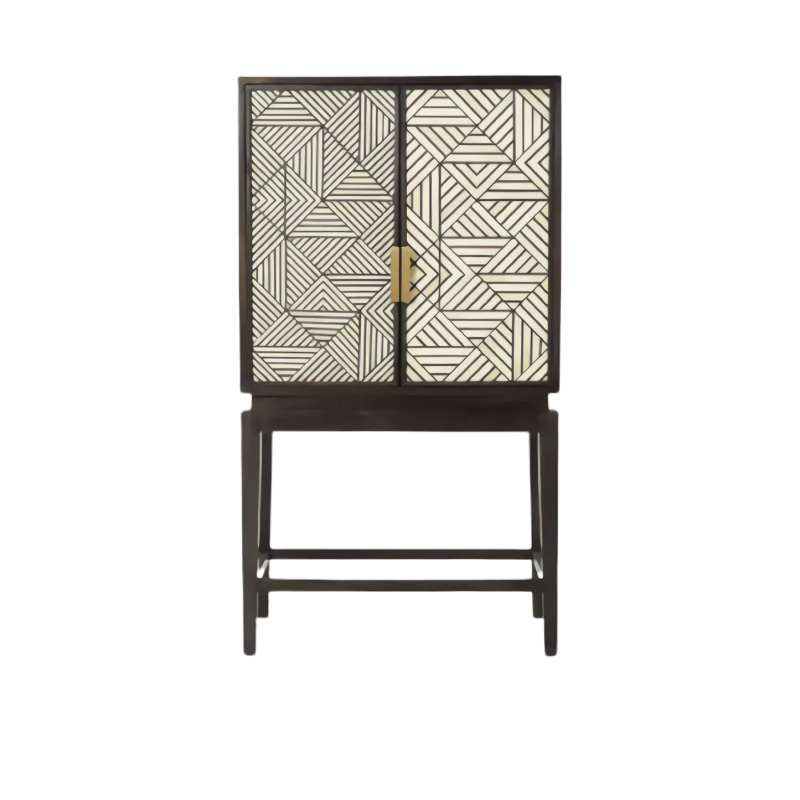 Black and White Bone Inlay Bar Cabinet with Triangular Geometric Pattern Closed Doors and Slender Dark Wood Elevated Stand