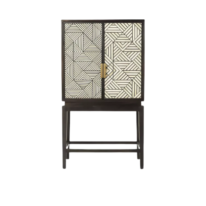 Black and White Bone Inlay Bar Cabinet with Triangular Geometric Pattern Closed Doors and Slender Dark Wood Elevated Stand