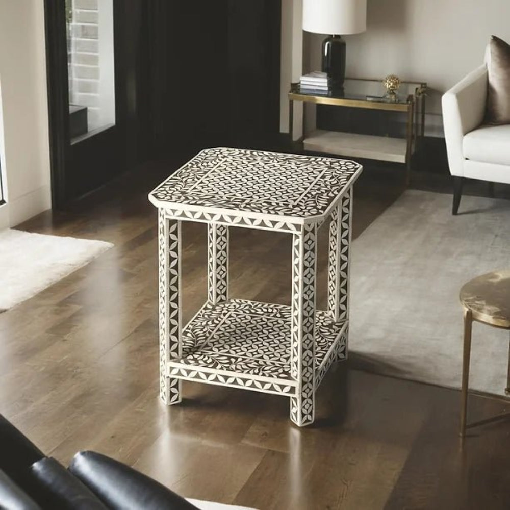 Black and white bone inlay bedside table handcrafted by Indian artisans, luxury wooden nightstand decor