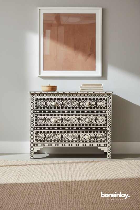Handmade black and white bone inlay chest of 3 drawers with circular floral mandala motifs, ziggurat feet, and white knob pulls – Indian artisan furniture