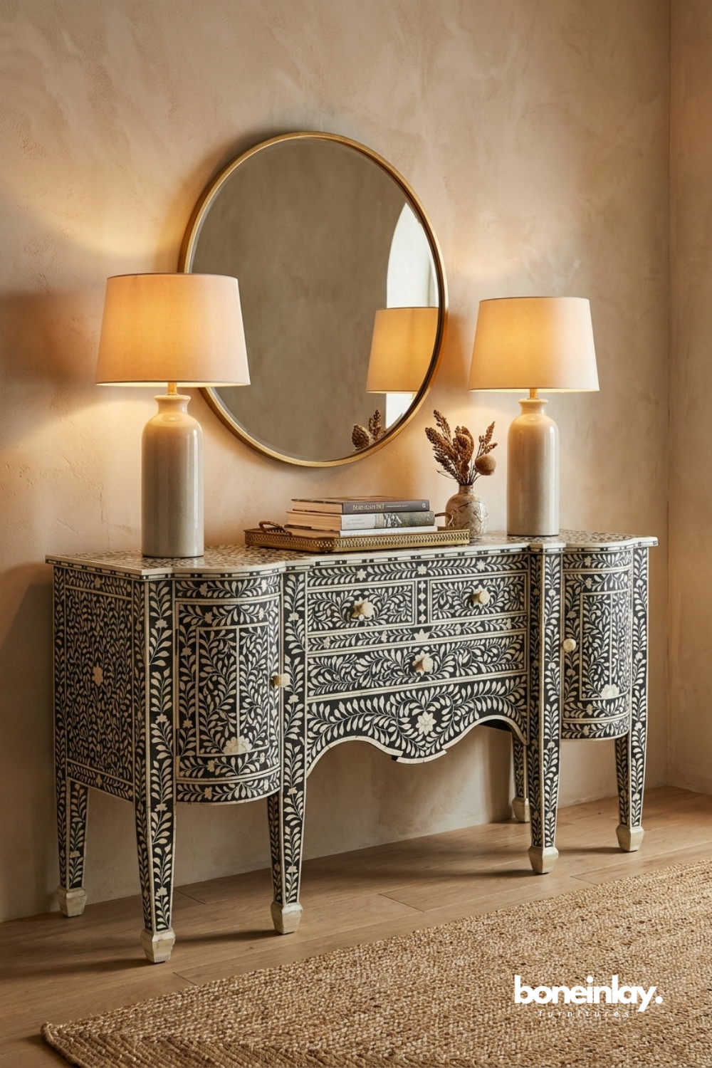 Black and white floral bone inlay Sideboard with drawers and handcrafted botanical detailing