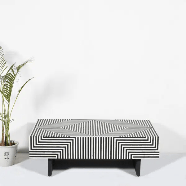 Black and white bone inlay striped pattern rectangle coffee table on white background with natural plant, handcrafted luxury furniture