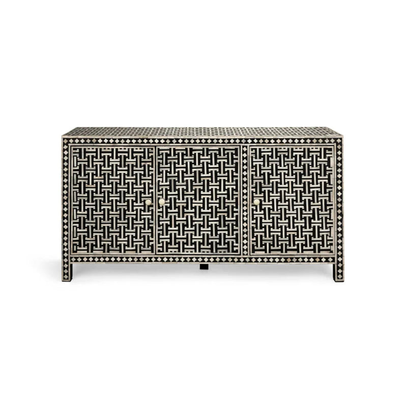 Three-door black and white bone inlay sideboard cabinet with all-over basket weave pattern and diamond border, handcrafted from solid mango wood on white background.