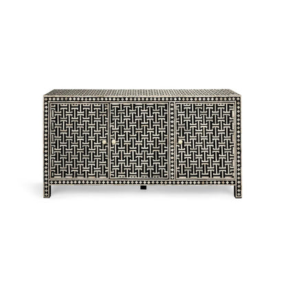 Three-door black and white bone inlay sideboard cabinet with all-over basket weave pattern and diamond border, handcrafted from solid mango wood on white background.