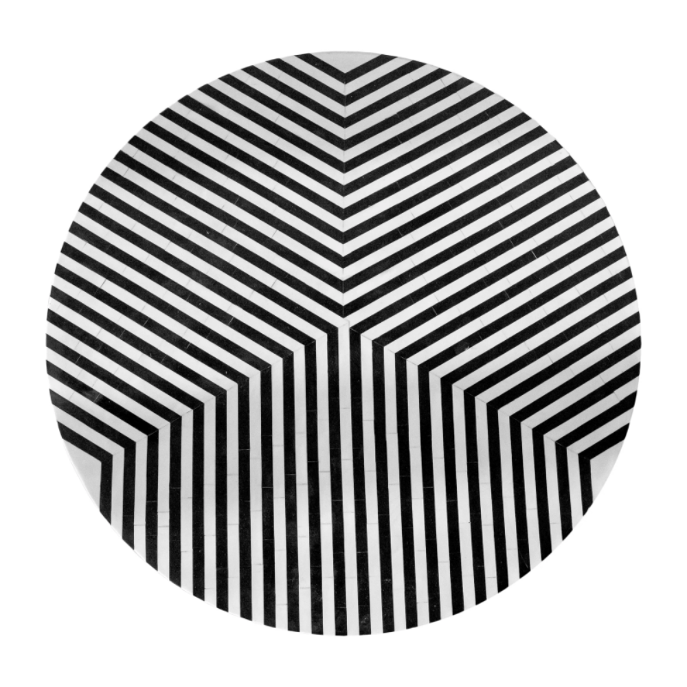 Black and white chevron optical art bone inlay round table top, handcrafted mango wood artisan coffee table with bold geometric stripe design, white background