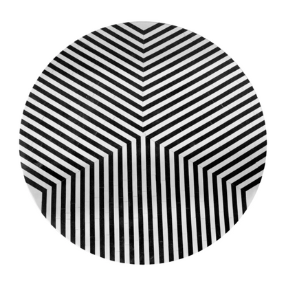 Black and white chevron optical art bone inlay round table top, handcrafted mango wood artisan coffee table with bold geometric stripe design, white background