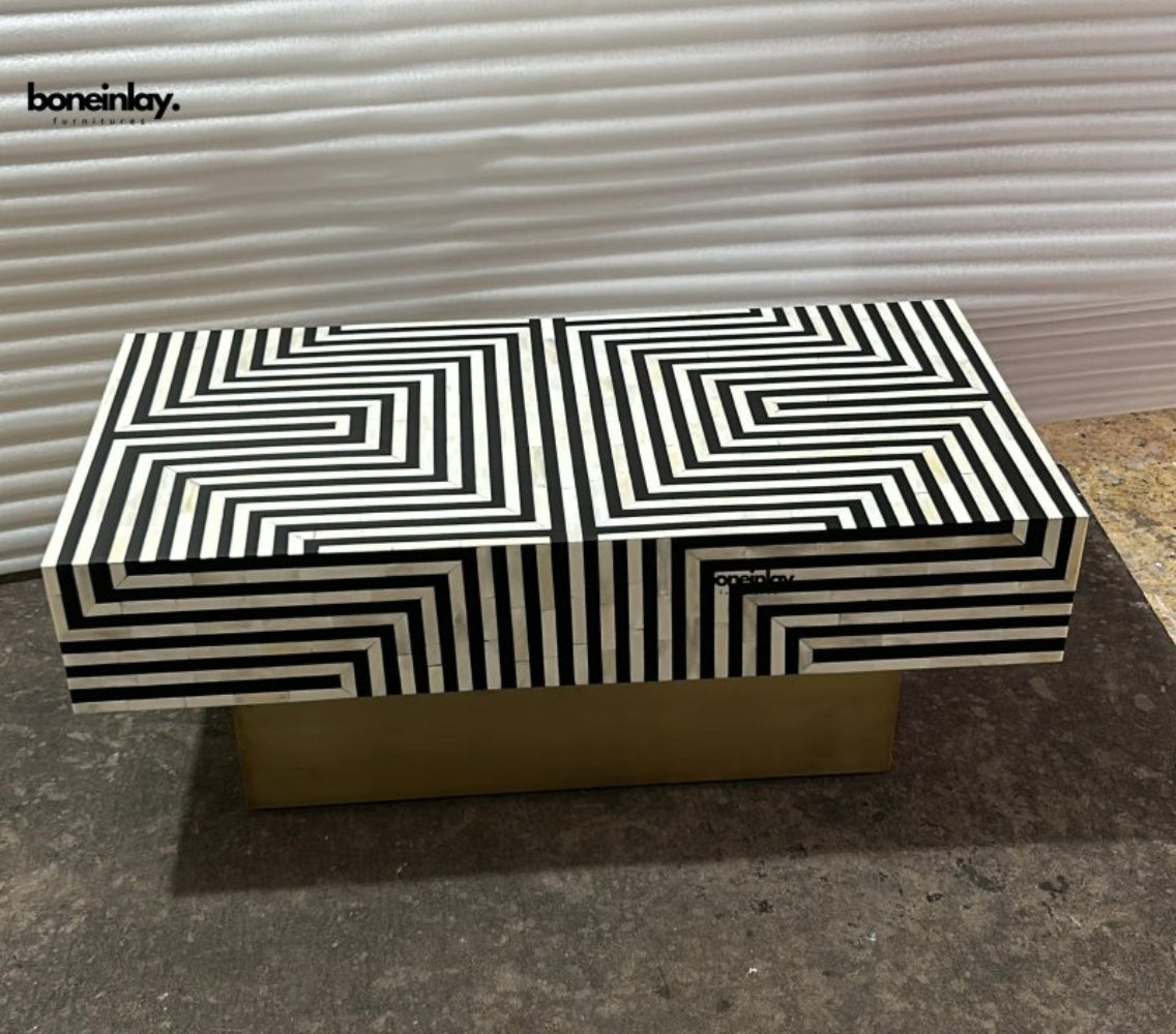 Black and white geometric stripe bone inlay center table with brass metal plinth base, handcrafted rectangular design