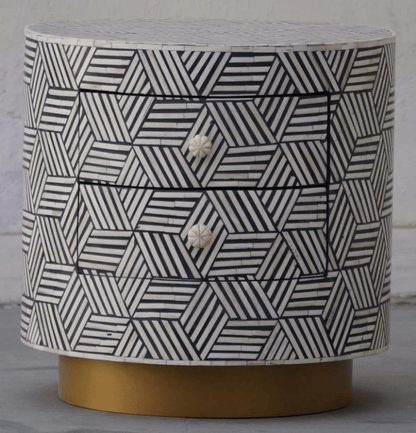 Black and white optical pattern bone inlay cylinder nightstand with two drawers and brushed gold plinth base