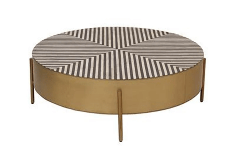 Round bone inlay center table featuring black and white diagonal stripe inlay pattern on a solid wood top with brushed brass cylindrical metal stand, isolated product view