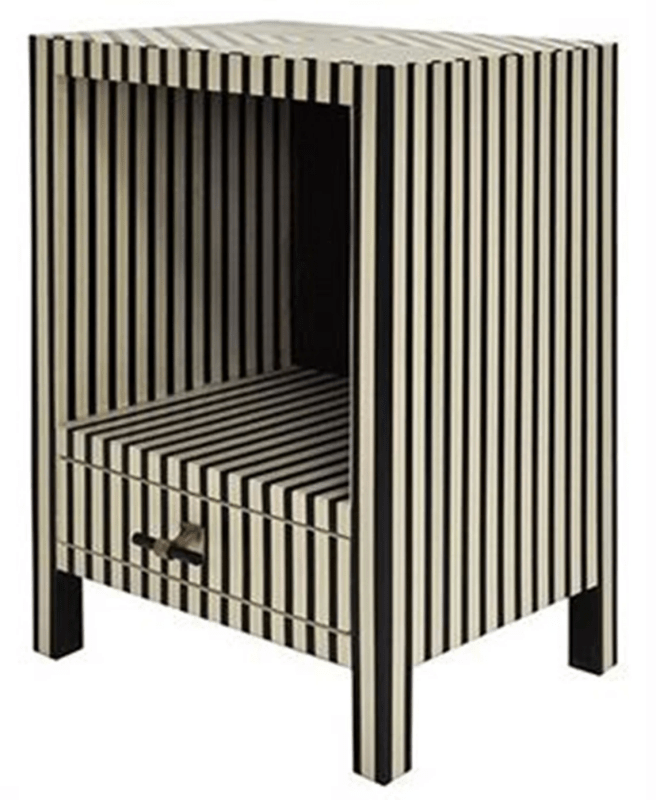 Full view of a handmade black and white striped bone inlay bedside table with open cubby shelf and single bottom drawer on black wooden legs