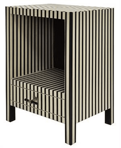 Full view of a handmade black and white striped bone inlay bedside table with open cubby shelf and single bottom drawer on black wooden legs
