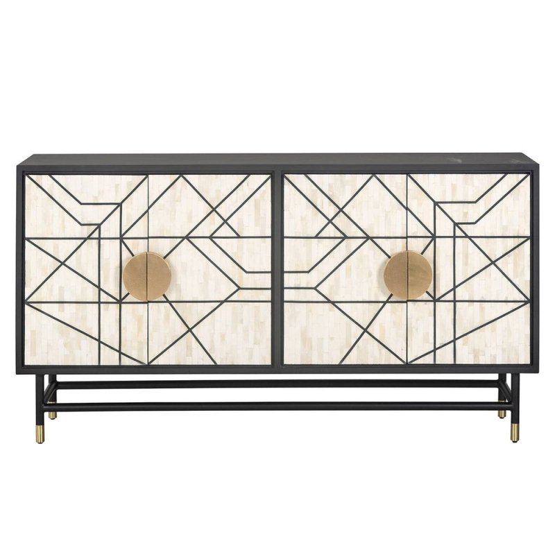 Black and white handmade bone inlay four-door buffet with brass hardware and black metal legs, Art Deco luxury dining room storage