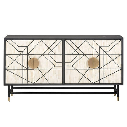 Black and white handmade bone inlay four-door buffet with brass hardware and black metal legs, Art Deco luxury dining room storage