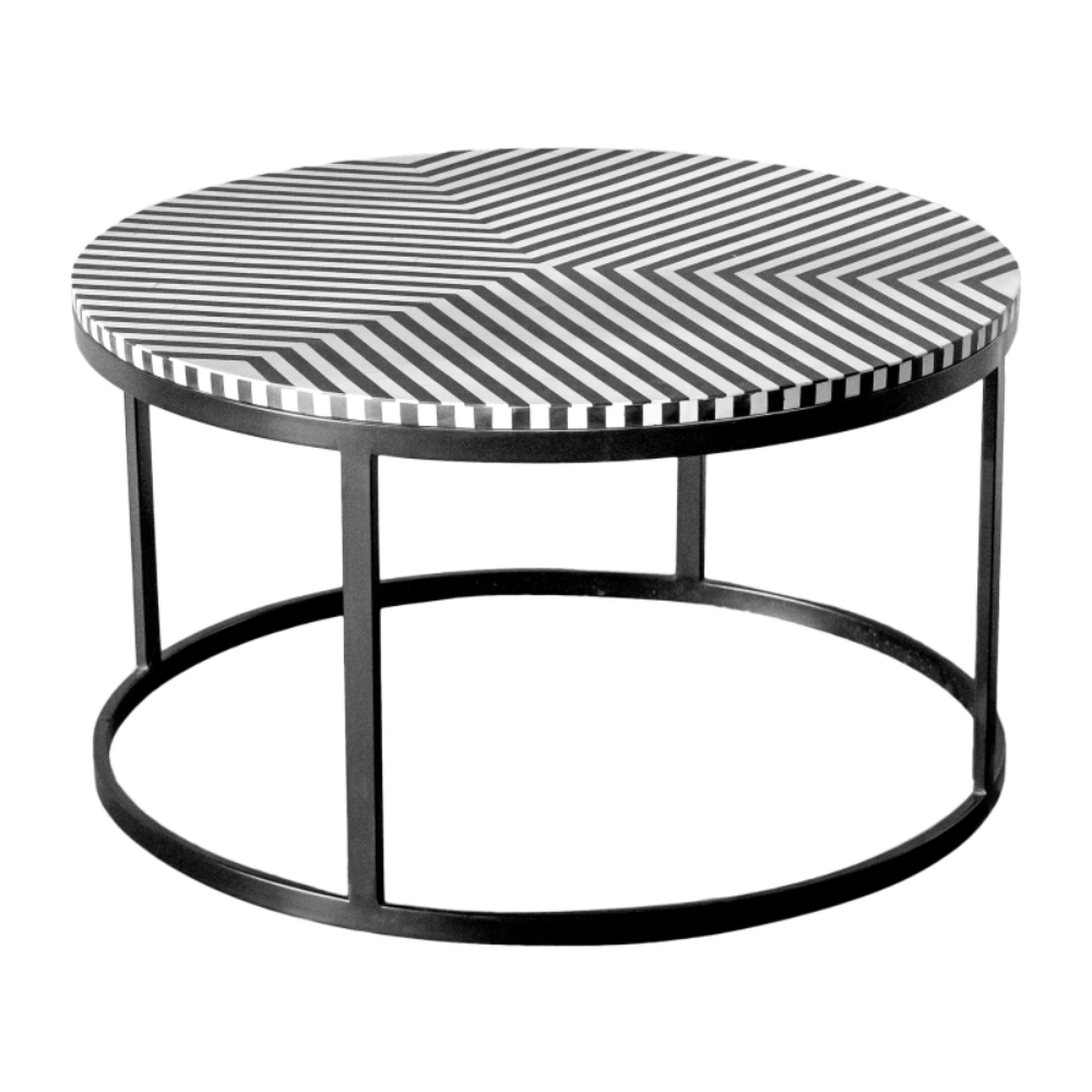 Black and white striped bone inlay round coffee table with minimalist black metal drum frame, artisan handcrafted luxury center table on white background