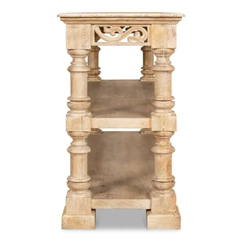 Bleached wood pier table with three open tiers, elevated front view against a plain white studio background.