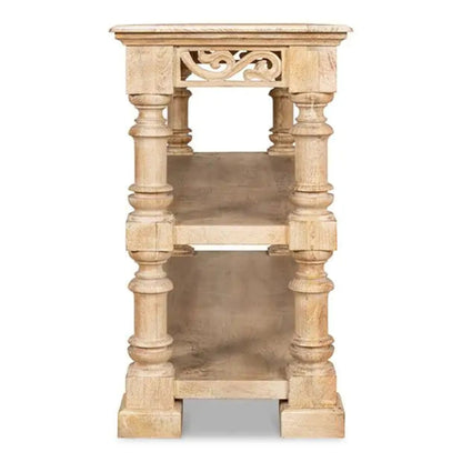 Bleached wood pier table with three open tiers, elevated front view against a plain white studio background.