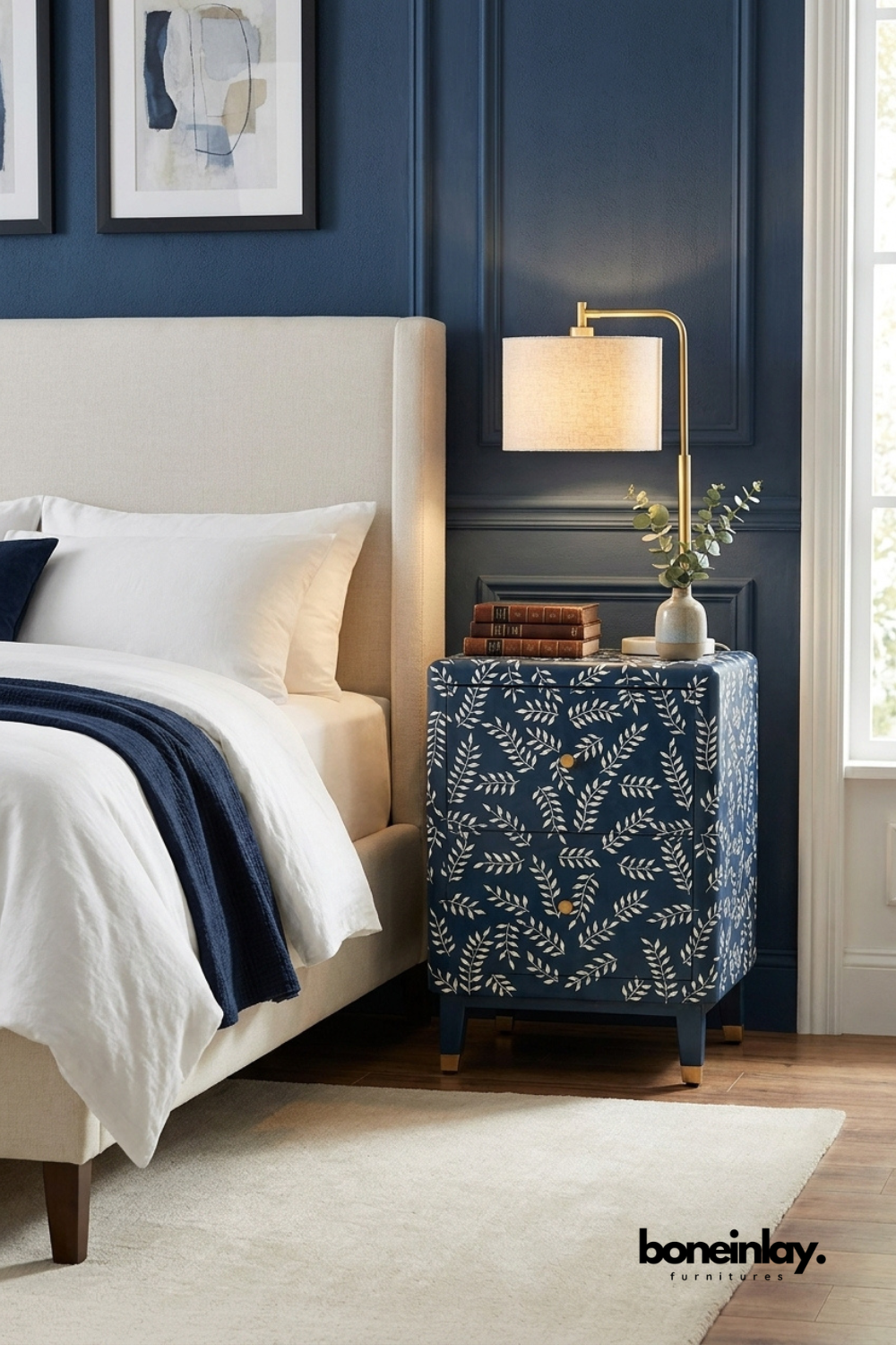 Blue Bone Inlay Nightstand in a straight-on front view, showing two drawers, a botanical leaf pattern, and brass-capped legs.