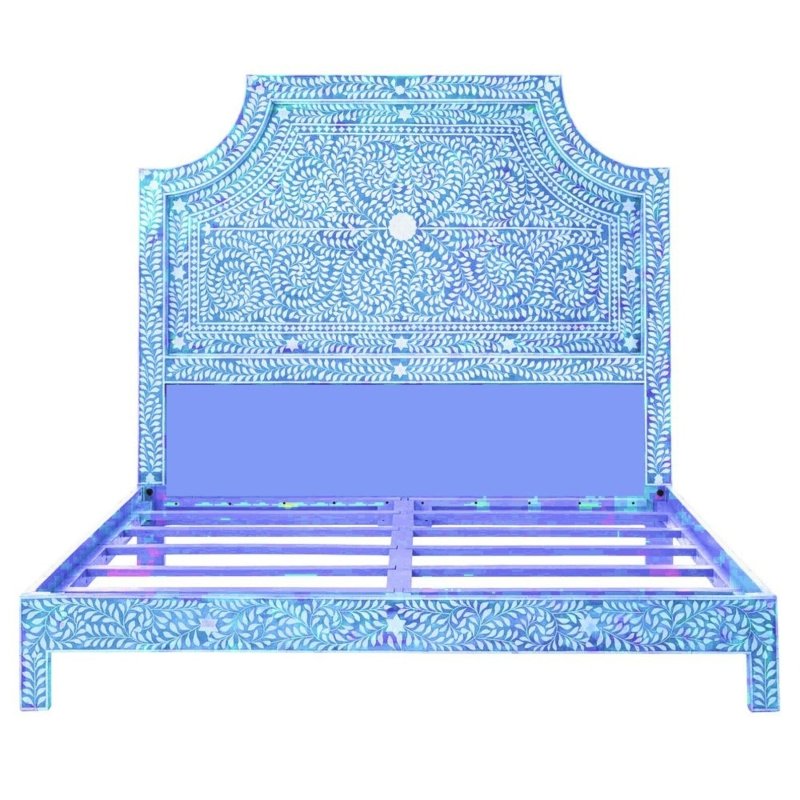 Handmade Blue Floral Bone Inlay Bed with Camelback Headboard and All-Over Vine Motif in Mango Wood