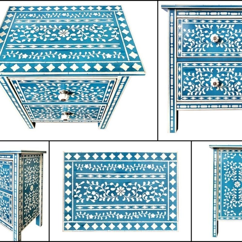 Multi-angle collage of a teal blue floral bone inlay two-drawer nightstand showing full white vine and floral inlay coverage on top, front, and both side panels on mango wood.