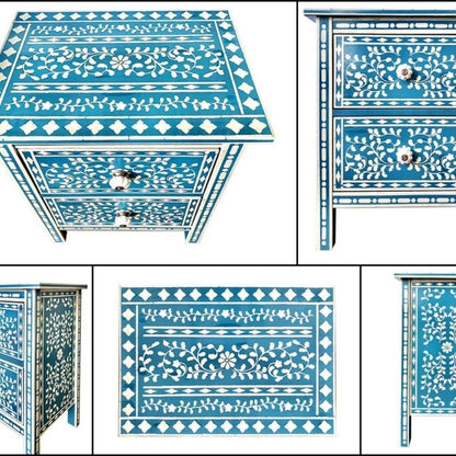 Multi-angle collage of a teal blue floral bone inlay two-drawer nightstand showing full white vine and floral inlay coverage on top, front, and both side panels on mango wood.